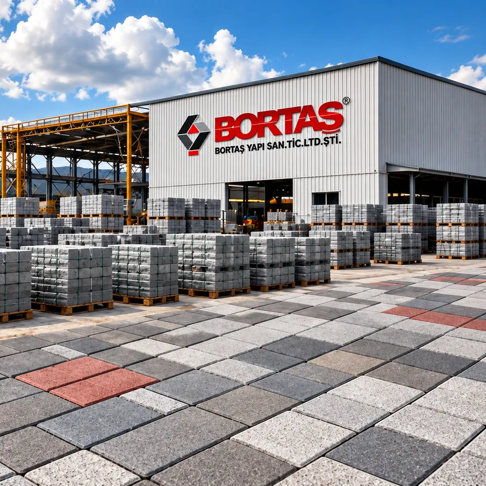 Bortaş Yapı üretim tesisi ve paletli beton parke taşı stok sahası