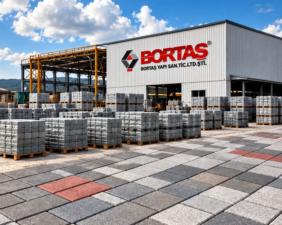 Bortaş Yapı üretim tesisi ve paletli beton parke taşı stok sahası